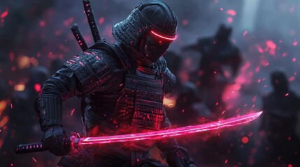 A futuristic samurai with glowing neon armor, wielding a katana made of pure energy, standing on a cyberpunk battlefield