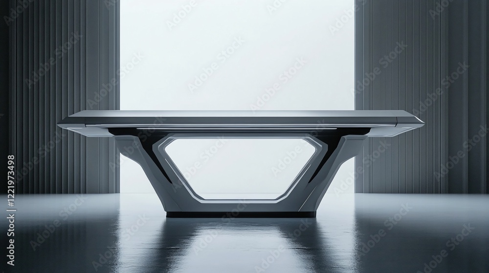 Poster modern futuristic table with geometric design in a minimalist setting with reflection