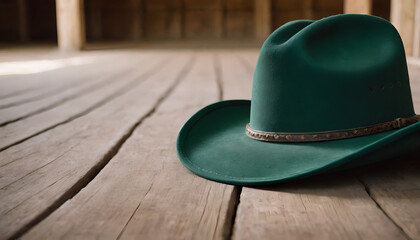 dark green cowboy hat laying on the ground inside a barn