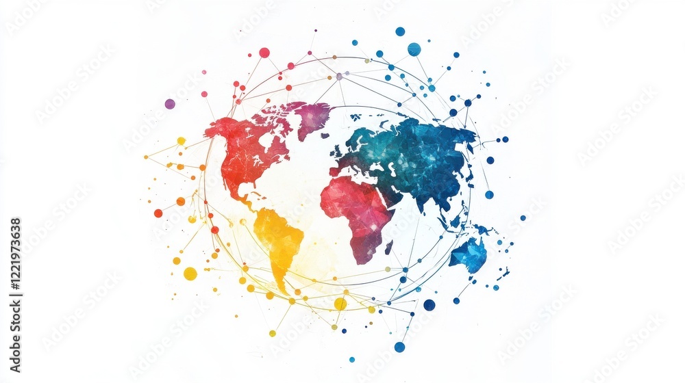 Poster a colorful, artistic representation of the world map with splashes of paint symbolizing global conne