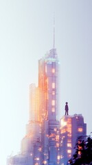 Obraz premium Futuristic Cityscape Person on Rooftop Modern Architecture Wireframe Building Night Li
