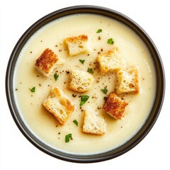 A bowl of creamy cauliflower and cheddar soup with crispy croutons, isolated white background, modern art style