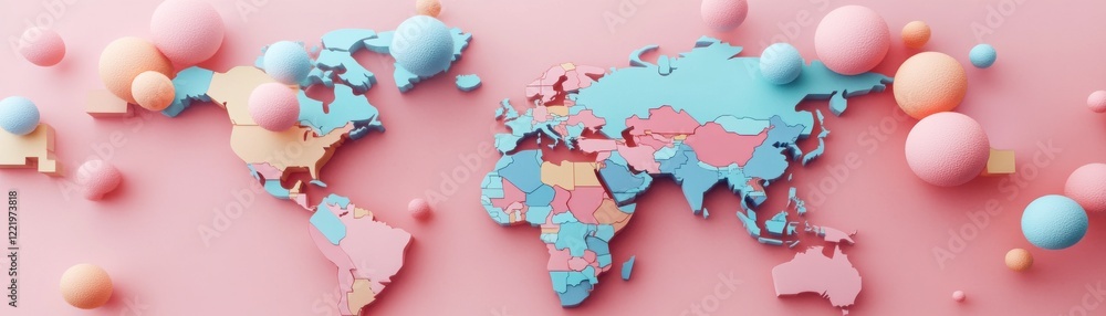 Poster a colorful, abstract representation of a world map with playful spheres, set against a soft pink bac