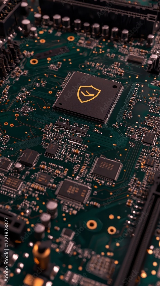 Poster futuristic motherboard secure data flow cpu protection shield icon microchip technolo