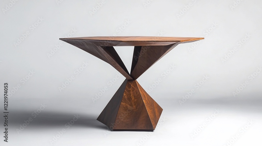 Poster geometric wooden table with unique angular design on white background