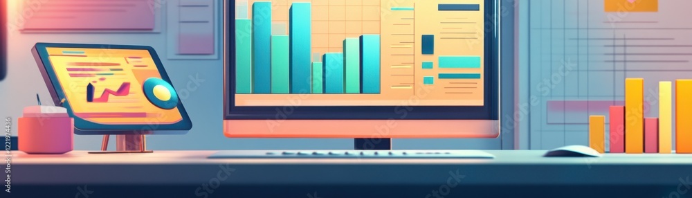 Aufkleber a vibrant workspace featuring a computer, tablet, and colorful charts depicting data analysis and pe