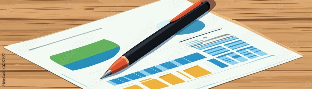 Poster a pen rests on a report featuring colorful graphs and charts, illustrating data analysis on a wooden