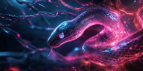 A futuristic snake with holographic scales that shift colors, coiled around a tree of glowing data streams
