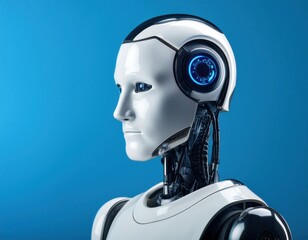 close up humanoid robot on isolated blue background