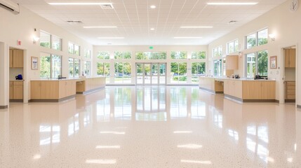 Bright community center interior, spacious hall, large windows, sunny outdoor view, perfect for gatherings