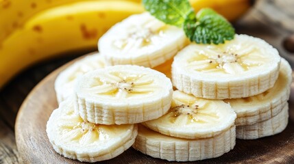 Sliced Bananas on Wooden Board with Mint