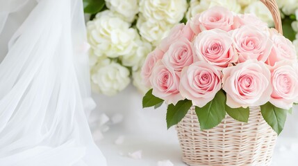 Elegant wedding setting with pink roses in wicker basket and white drapery