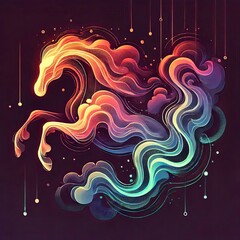 illustration of glowing liquid substance in hologram spectral color palette make animal shape thin smoke. Generative Art