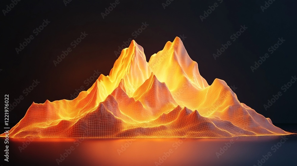 Poster abstract rendering of glowing wireframe mountains against a dark background