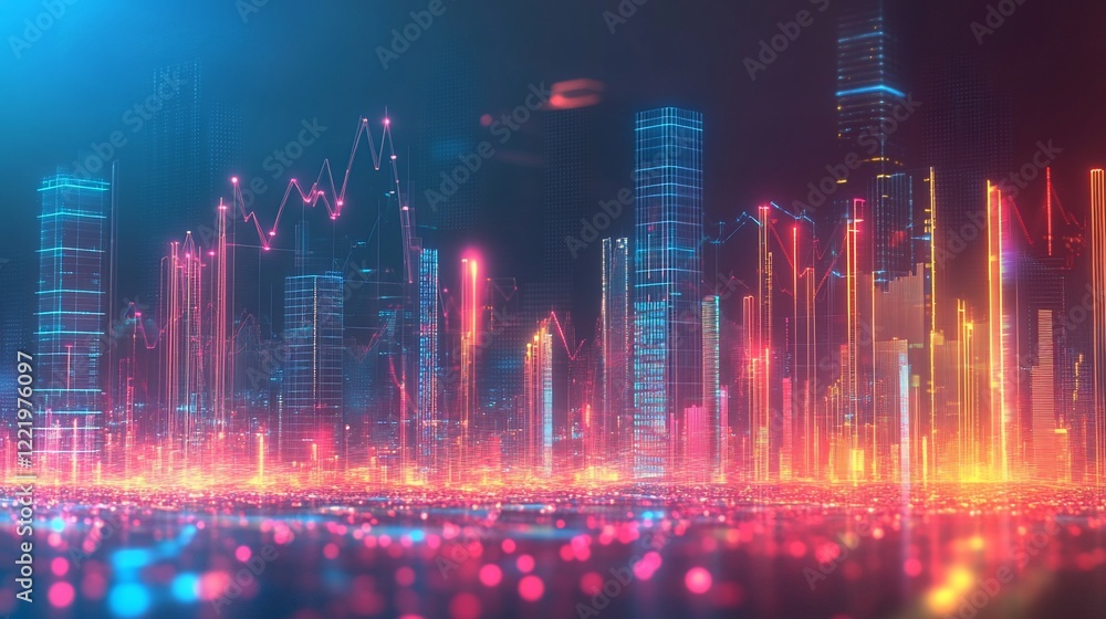 Poster abstract futuristic cityscape with neon lines and data visualization elements at night