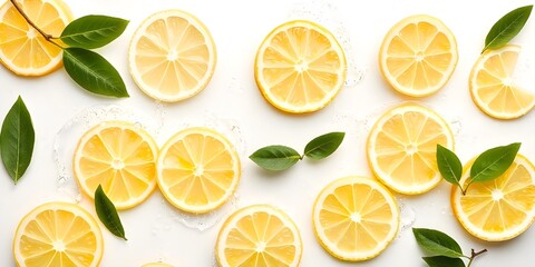 slices of lemon and lemon slices are surrounded by stains of water and green mint leaves, arranged on a white background