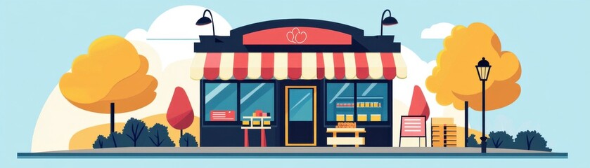 A colorful storefront with a striped awning, surrounded by trees, showcasing a friendly atmosphere ideal for a cafe or bakery.