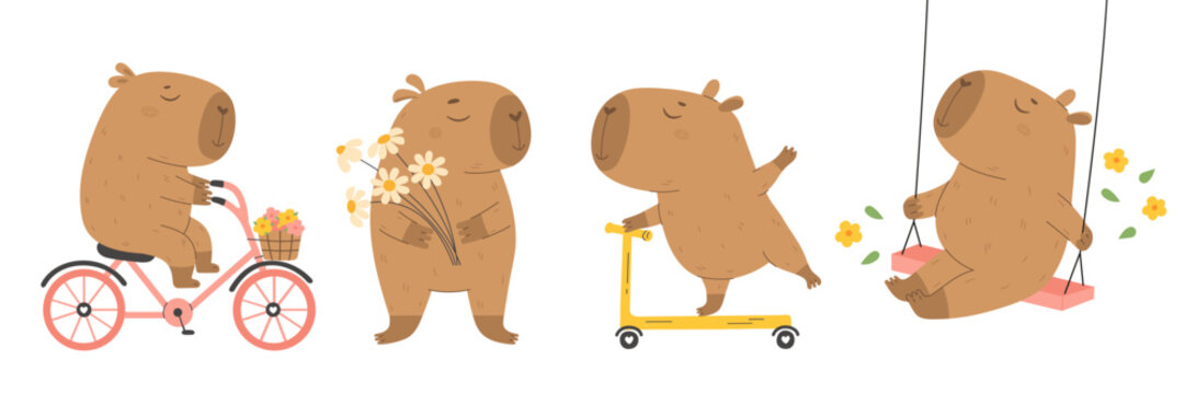 Funny capybaras set with a different activity