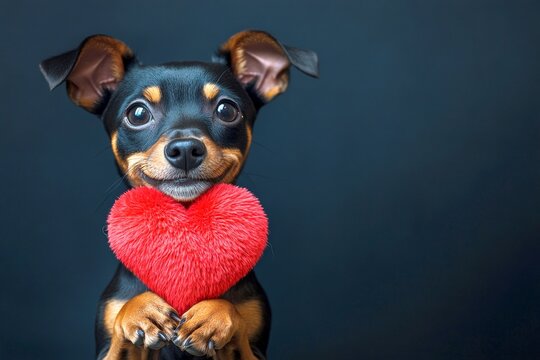 Manchester terrier - my beloved dog. Cute manchester terrier dog with fluffy red heart - emblem of love, funny greeting card. Ad campaign creative. February pet love. Love and joy with pets.