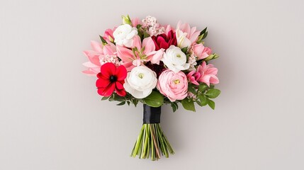 Fototapeta premium Elegant bouquet of pink, white, and red flowers with lush greenery against a soft background