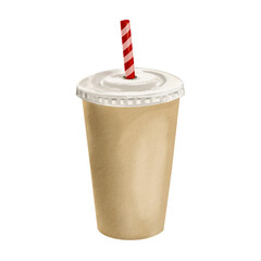 Disposable paper cup with a plastic lid and a long bent straw. fastwood glass. Disposable tableware. A universal neutral color. Watercolor illustration. Isolated from the background