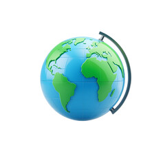 Fototapeta premium The image shows a 3D rendering of a simple globe with blue oceans and green continents on a stand.