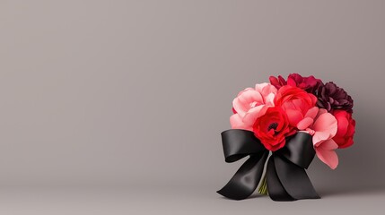 Fototapeta premium Elegant bouquet of pink and red flowers with black ribbon on soft gray background