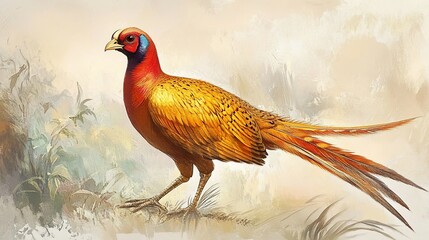 A Vibrant Pheasant Illustration with Detailed Feather Texture and Subtle Background