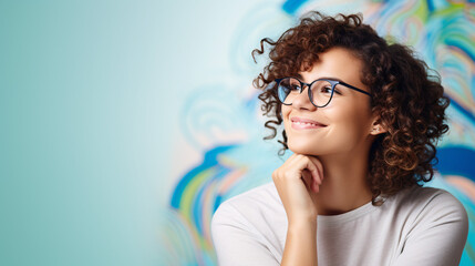 Portrait of a cheerful young woman with short curly hair and eyeglasses wearing a white dress on a blue background with space for text. Ideal for lifestyle, fashion, and friendly branding.

