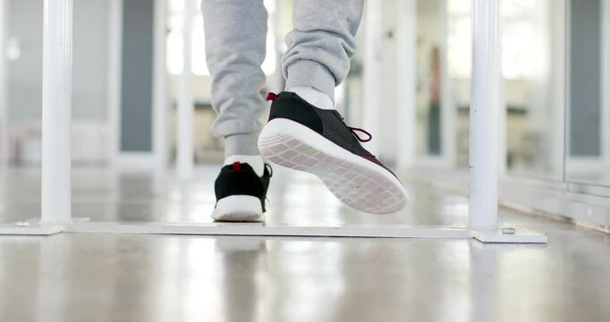 Practicing on parallel bars, person with disability walking in rehabilitation center, copy space