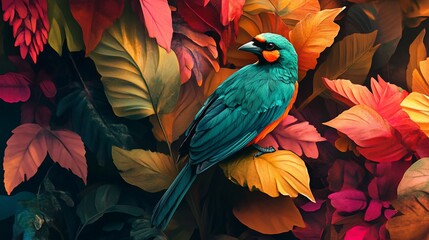 Fototapeta premium A vibrant teal and orange bird perched amidst colorful fall leaves in a painterly style