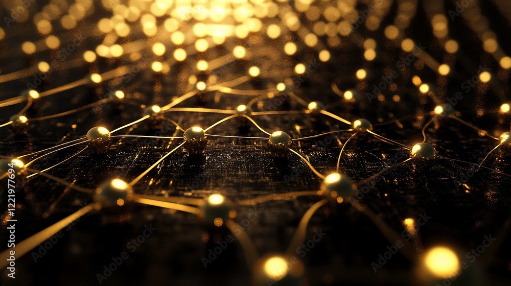 Aufkleber golden network of connected nodes and lines on dark surface with glowing lights