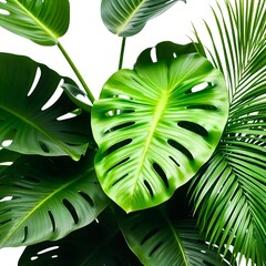Obraz premium Large, vibrant green leaves including monstera and palm fronds arranged together against a white background. The leaves have detailed textures and varying shapes,a lush, tropical appearance