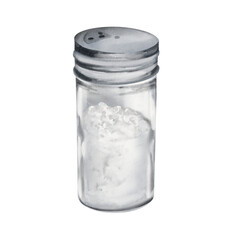  salt in a glass jar with a metal lid and dispenser. Watercolor illustration isolated from background. Packaged food and spice additive. Universal image for menus and packaging