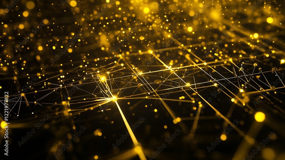 Poster abstract gold network with glowing particles and lines on a dark background