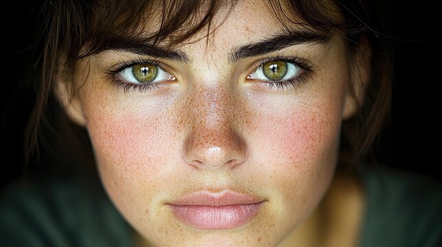 Close-up portrait woman, intense gaze, freckles, natural beauty, skincare ad
