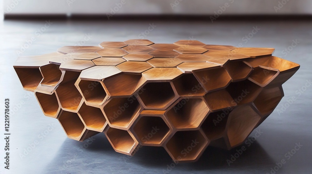 Poster a wooden table with hexagonal honeycomb pattern on a concrete surface showing detail and design