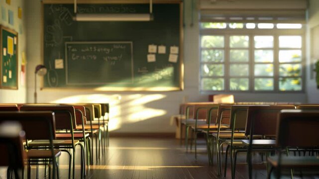 Empty classroom bathed in sunlight. AI.