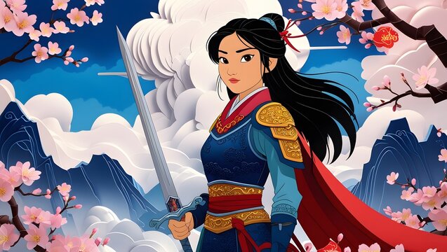 A portrait of a digital illustration of Mulan, set against a background of blue skies and pink cherry blossoms.