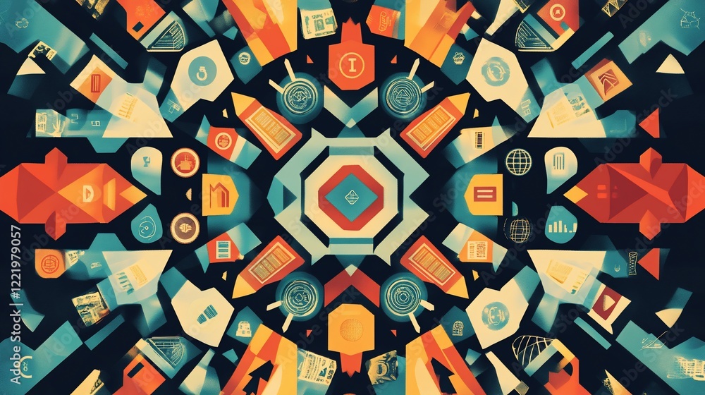 Poster abstract geometric pattern featuring icons and graphic shapes on a dark background