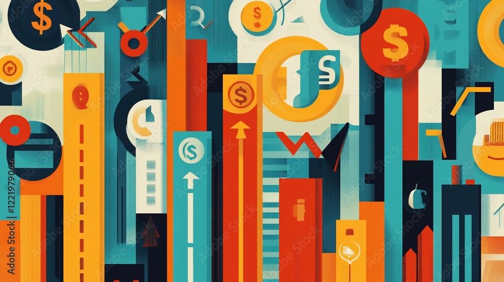 Poster abstract financial data representation featuring charts and dollar signs in a modern style
