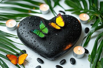 Serene Spa Still Life: Heart-Shaped Stone, Butterflies, and Candles