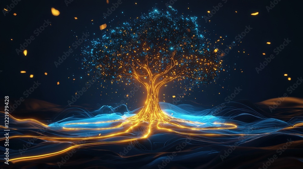Poster abstract path of glowing letters leading to a radiant tree of unity