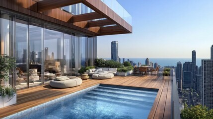 Obraz premium Luxury penthouse rooftop pool, city view, Chicago
