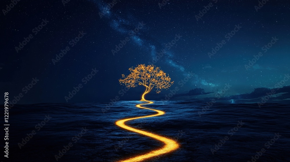 Poster abstract path of glowing letters leading to a radiant tree of unity