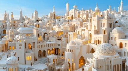 Obraz premium A stunning, intricate white cityscape with diverse architectural styles bathed in soft light, evoking a dreamlike atmosphere.