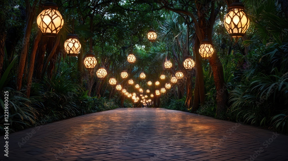 Poster a serene path illuminated by beautiful lanterns, surrounded by lush greenery, creating a magical amb