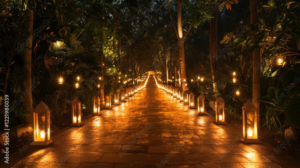 Poster a serene pathway illuminated by lanterns, surrounded by lush greenery, creating a magical and tranqu