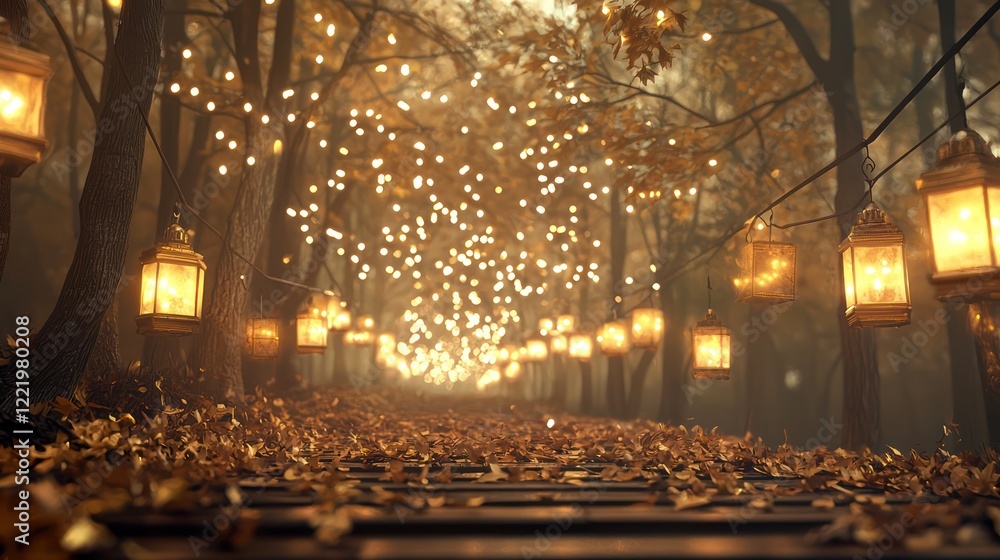 Aufkleber a serene forest path adorned with lanterns and twinkling lights, surrounded by autumn leaves, creati