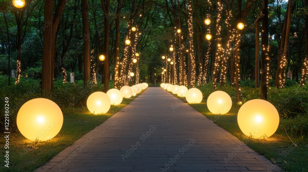 Poster a serene pathway illuminated by glowing orbs, lined with twinkling lights, surrounded by lush greene
